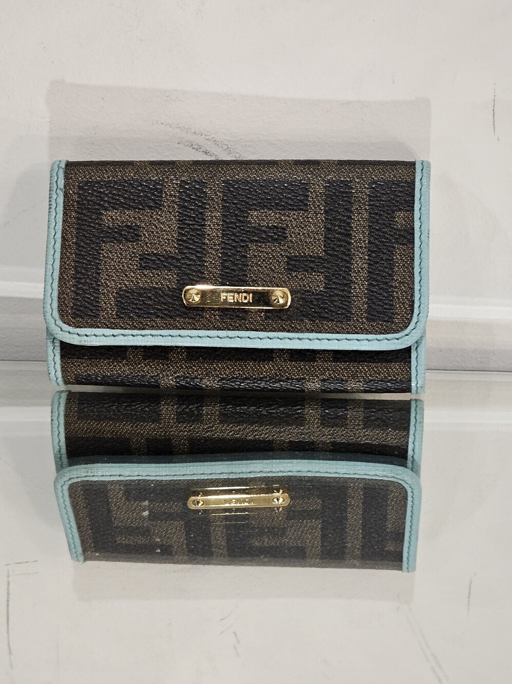 Authentic Fendi Vintage  Zucca 6 Hook Key Case  with Light Blue Trim Y2k Era